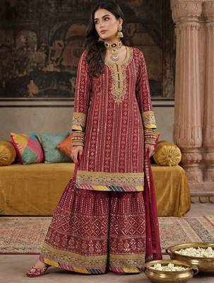 Women Ethnic Motifs Embroidered Regular Sequinned Kurta with Sharara & With Dupatta 1