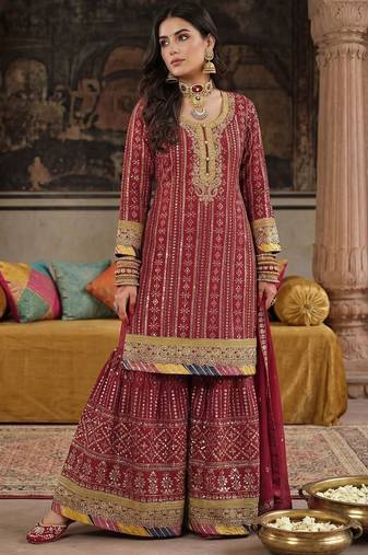 Women Ethnic Motifs Embroidered Regular Sequinned Kurta with Sharara & With Dupatta