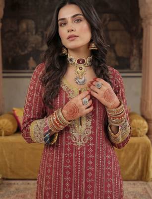 Women Ethnic Motifs Embroidered Regular Sequinned Kurta with Sharara & With Dupatta 3