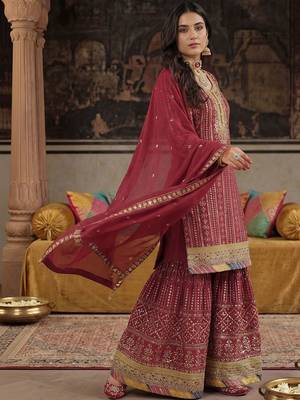 Women Ethnic Motifs Embroidered Regular Sequinned Kurta with Sharara & With Dupatta 4