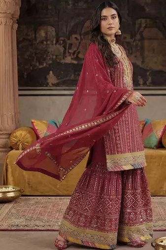 Women Ethnic Motifs Embroidered Regular Sequinned Kurta with Sharara & With Dupatta