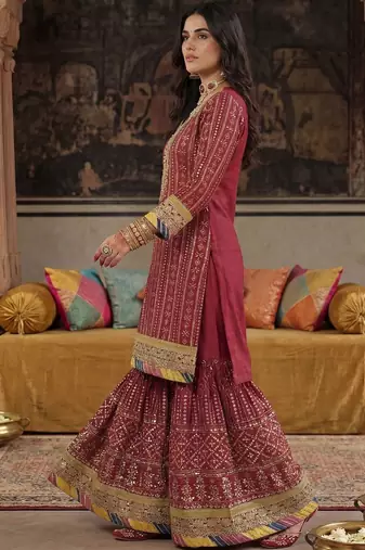 Women Ethnic Motifs Embroidered Regular Sequinned Kurta with Sharara & With Dupatta