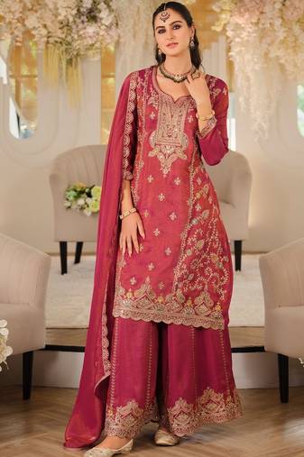 Women Ethnic Motifs Embroidered Panelled Mirror Work Kurta with Palazzos & With Dupatta