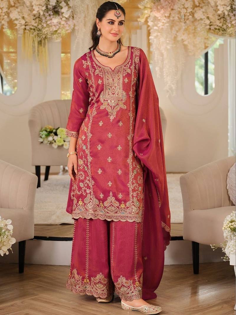 Women Ethnic Motifs Embroidered Panelled Mirror Work Kurta with Palazzos & With Dupatta