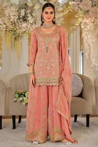 Women Ethnic Motifs Embroidered Panelled Thread Work Kurta with Sharara & With Dupatta