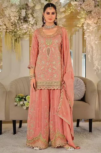 Women Ethnic Motifs Embroidered Panelled Thread Work Kurta with Sharara & With Dupatta