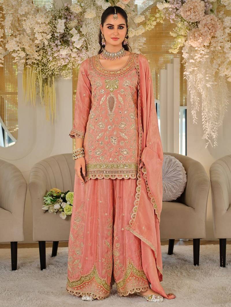 Women Ethnic Motifs Embroidered Panelled Thread Work Kurta with Sharara & With Dupatta