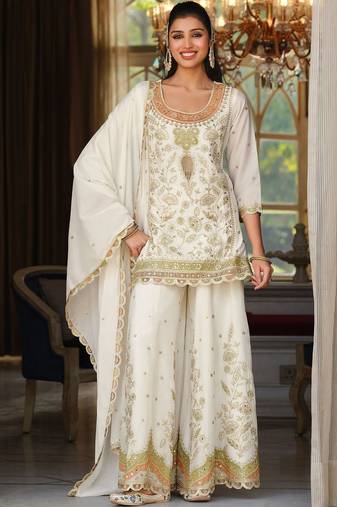Women Ethnic Motifs Embroidered Regular Sequinned Kurta with Sharara & With Dupatta