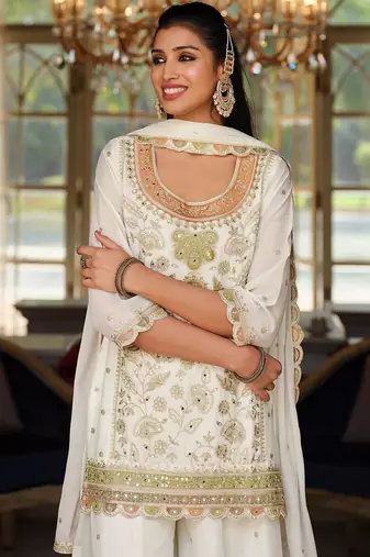 Women Ethnic Motifs Embroidered Regular Sequinned Kurta with Sharara & With Dupatta