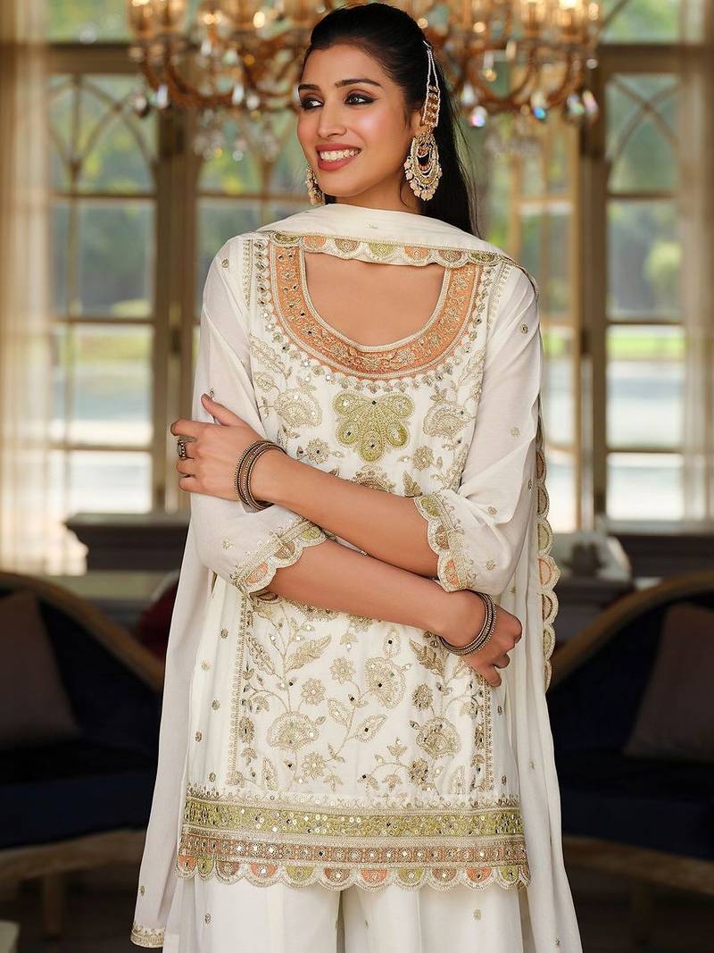 Women Ethnic Motifs Embroidered Regular Sequinned Kurta with Sharara & With Dupatta