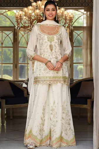 Women Ethnic Motifs Embroidered Regular Sequinned Kurta with Sharara & With Dupatta