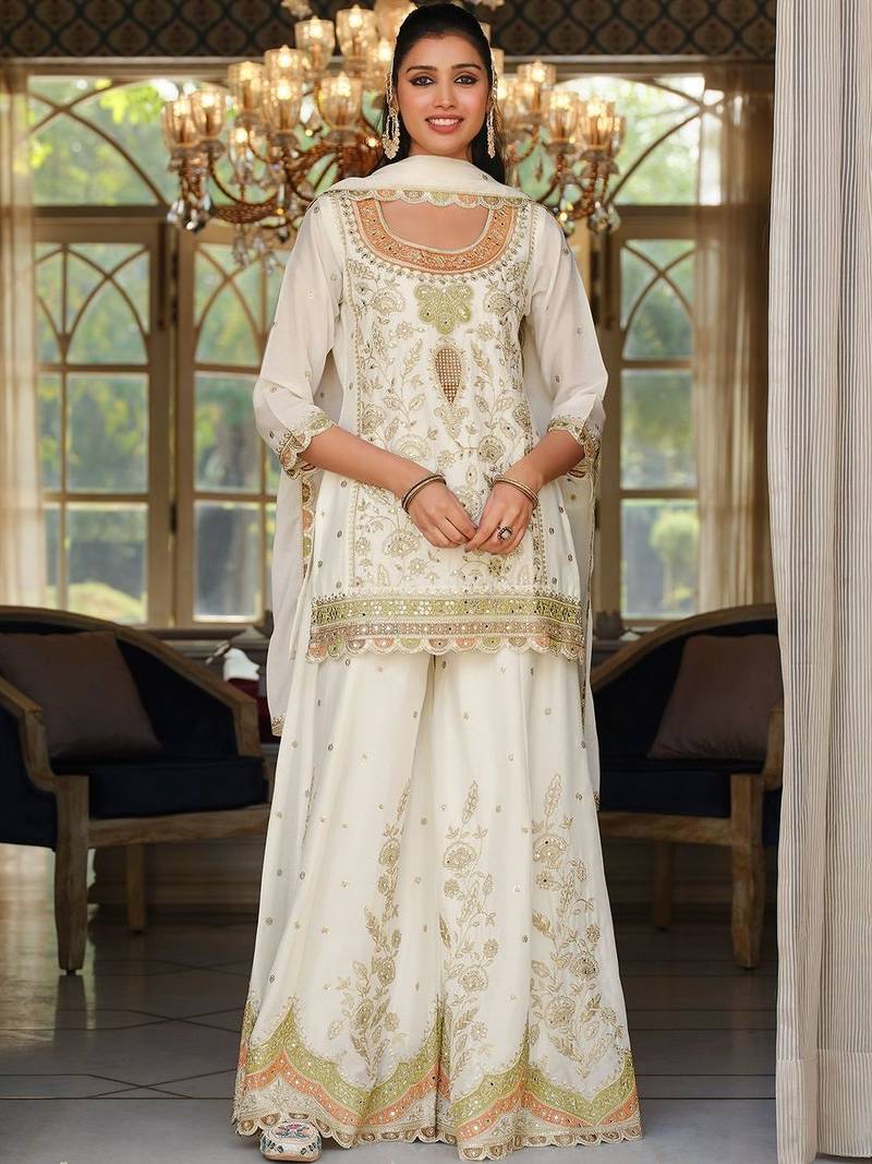 Women Ethnic Motifs Embroidered Regular Sequinned Kurta with Sharara & With Dupatta