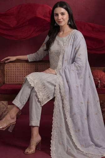 Women Floral Embroidered Regular Thread Work Pure Cotton Kurta with Trousers & With Dupatta