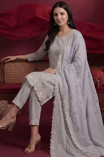Women Floral Embroidered Regular Thread Work Pure Cotton Kurta with Trousers & With Dupatta