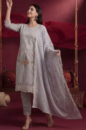 Women Floral Embroidered Regular Thread Work Pure Cotton Kurta with Trousers & With Dupatta