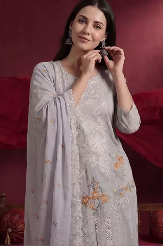 Women Floral Embroidered Regular Thread Work Pure Cotton Kurta with Trousers & With Dupatta