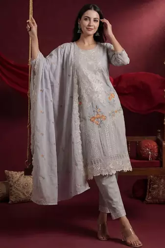 Women Floral Embroidered Regular Thread Work Pure Cotton Kurta with Trousers & With Dupatta