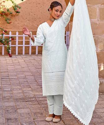 Floral Embroidered Thread Work Pure Cotton Straight Kurta With Trousers & Dupatta 1