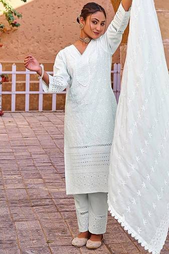 Floral Embroidered Thread Work  Cotton Straight Kurta With Trousers & Dupatta