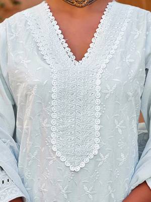 Floral Embroidered Thread Work Pure Cotton Straight Kurta With Trousers & Dupatta 2