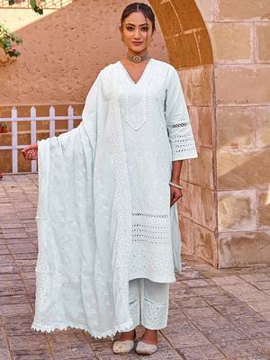 Floral Embroidered Thread Work Pure Cotton Straight Kurta With Trousers & Dupatta 5
