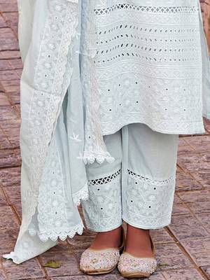 Floral Embroidered Thread Work Pure Cotton Straight Kurta With Trousers & Dupatta 6