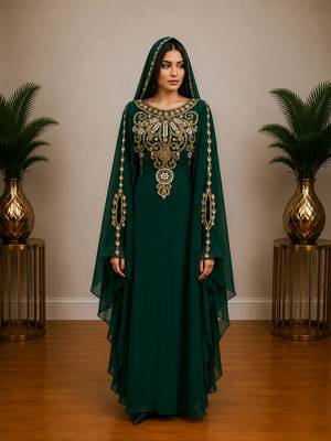 Emerald Green Embroidered Kaftan with Matching Cape 1