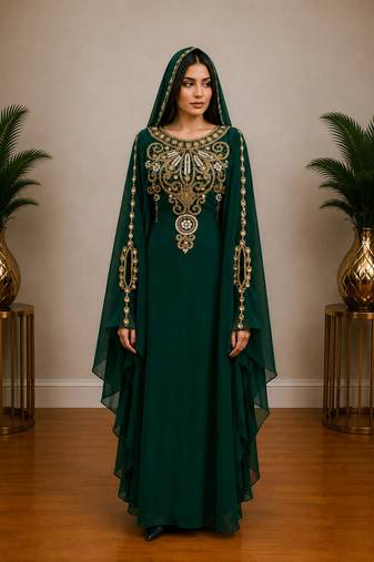 Emerald Green Embroidered Kaftan with Matching Cape