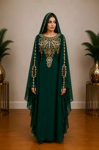 Emerald Green Embroidered Kaftan with Matching Cape