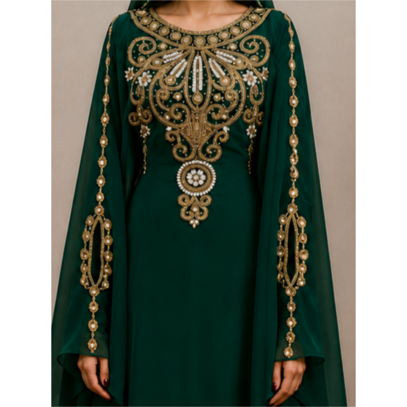 Emerald Green Embroidered Kaftan with Matching Cape