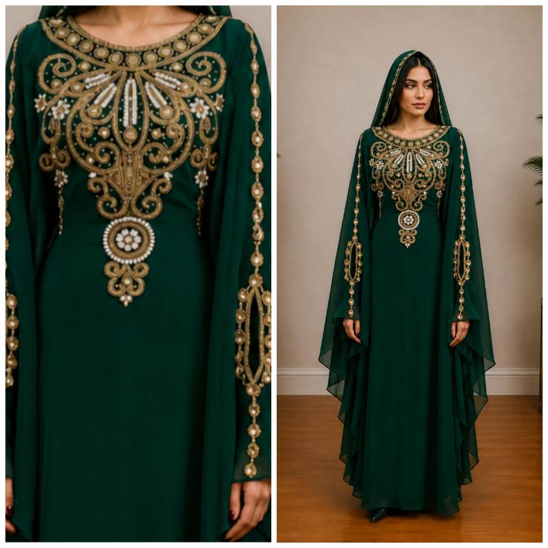 Emerald Green Embroidered Kaftan with Matching Cape