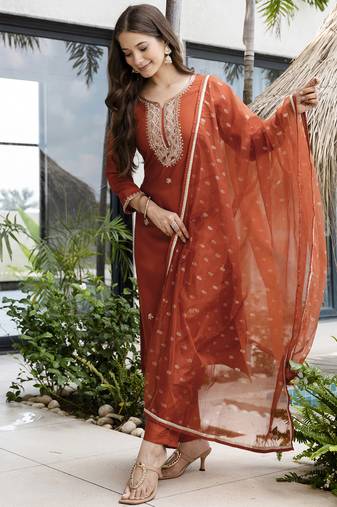 Women's Gorgeous Embroidery Work Silk Fabric Straight Kurta Pant and Dupatta Set