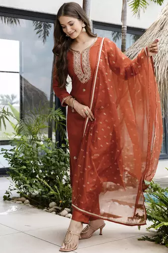 Women's Gorgeous Embroidery Work Silk Fabric Straight Kurta Pant and Dupatta Set