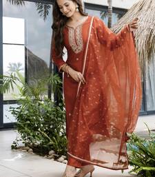 Women's Gorgeous Embroidery Work Silk Fabric Straight Kurta Pant and Dupatta Set