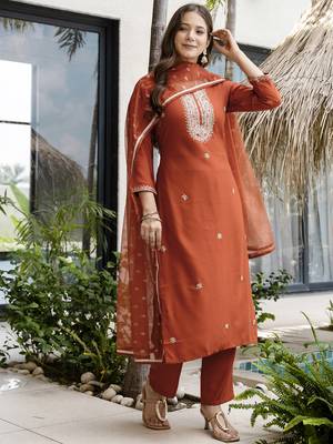 Women's Gorgeous Embroidery Work Silk Fabric Straight Kurta Pant and Dupatta Set 3