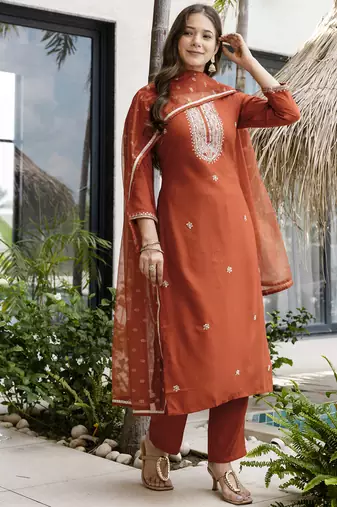 Women's Gorgeous Embroidery Work Silk Fabric Straight Kurta Pant and Dupatta Set