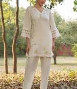 white floral embroidered regular thread work  cotton kurta with trousers