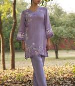 purple floral embroidered regular thread work  cotton kurta with trousers