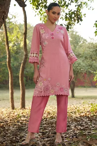 pink floral embroidered regular thread work  cotton kurta with trousers