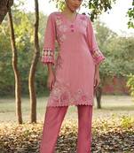 pink floral embroidered regular thread work  cotton kurta with trousers