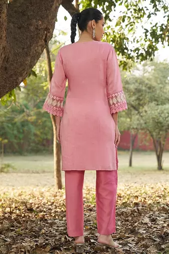 pink floral embroidered regular thread work  cotton kurta with trousers