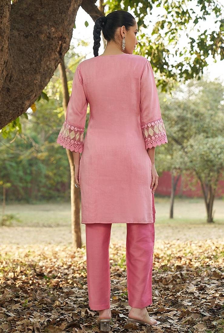 pink floral embroidered regular thread work  cotton kurta with trousers