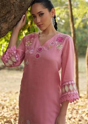 pink floral embroidered regular thread work  cotton kurta with trousers 4