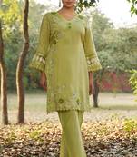 green floral embroidered regular thread work  cotton kurta with trousers