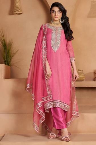 pink ethnic motifs embroidered regular zari work kurta with trousers & with dupatta