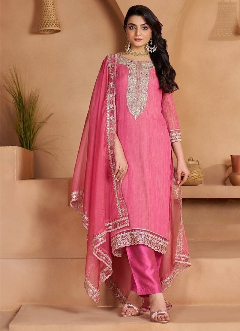 pink ethnic motifs embroidered regular zari work kurta with trousers & with dupatta
