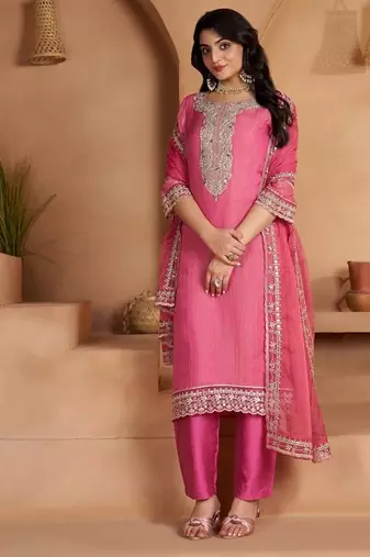 pink ethnic motifs embroidered regular zari work kurta with trousers & with dupatta