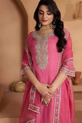 pink ethnic motifs embroidered regular zari work kurta with trousers & with dupatta