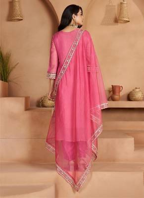 pink ethnic motifs embroidered regular zari work kurta with trousers & with dupatta 4