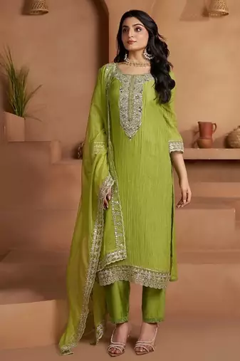 green ethnic motifs embroidered regular zari work kurta with trousers & with dupatta